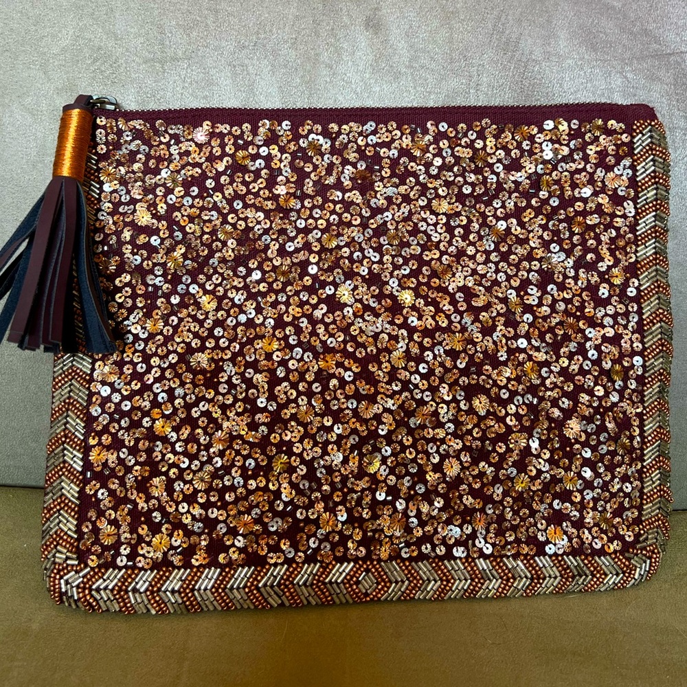 Mossimo Burgundy and Gold Beaded and Sequined Clutch